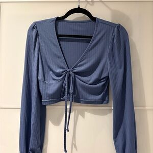 Blue Long Sleeve Tie-Front Top